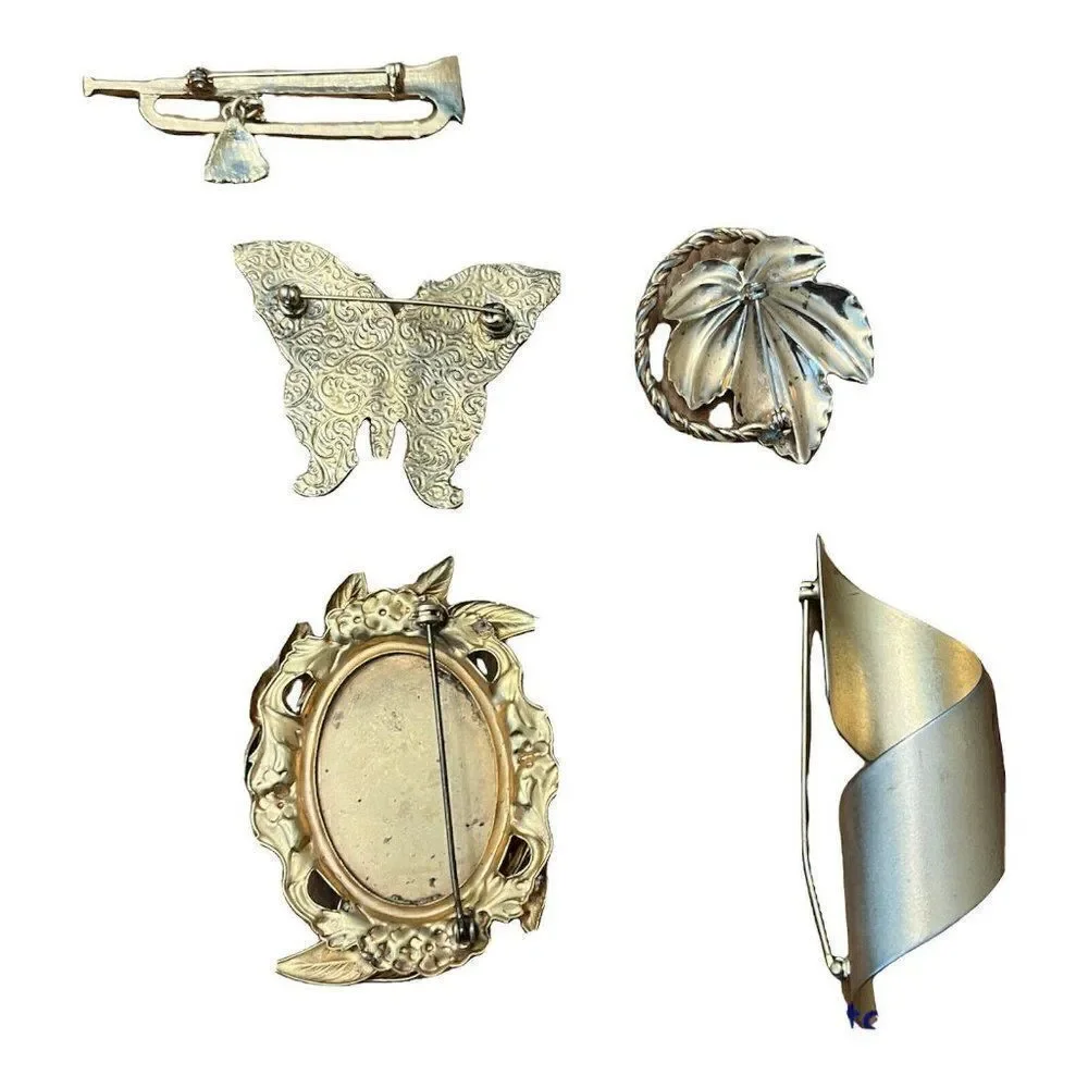 Lot Of 5 Vtg Gold Tone Brooches Trombone Maple Leaf Pearl Butterfly Amber Leaves